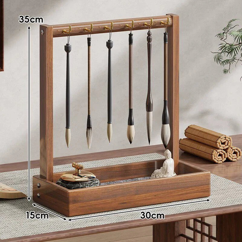 Calligraphy Brush Holder Wooden With Hanging Hooks & Removable Tray