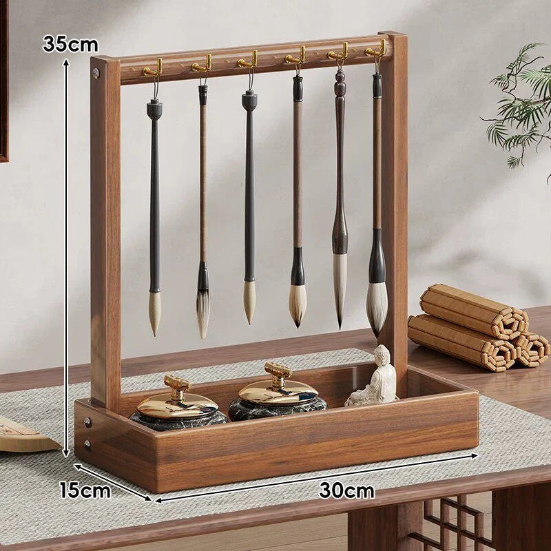Calligraphy Brush Holder Wooden With Hanging Hooks & Removable Tray