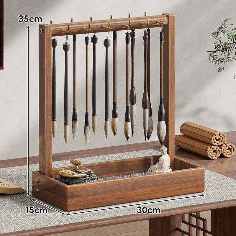 Calligraphy Brush Holder Wooden With Hanging Hooks & Removable Tray