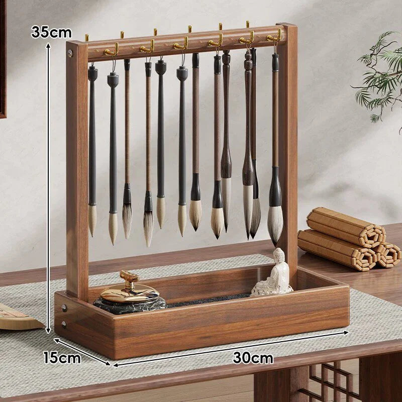 Calligraphy Brush Holder Wooden With Hanging Hooks & Removable Tray