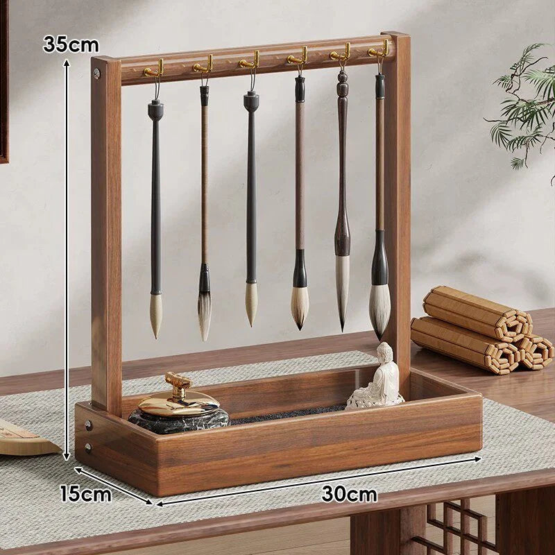 Calligraphy Brush Holder Wooden With Hanging Hooks & Removable Tray