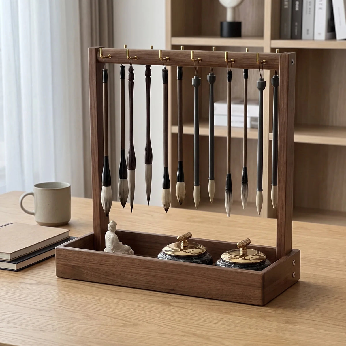 Calligraphy Brush Holder Wooden With Hanging Hooks & Removable Tray