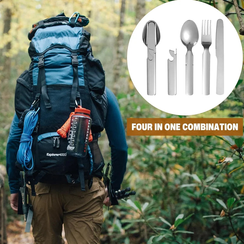 Camping Cutlery Set Foldable 4-In-1 Stainless Steel