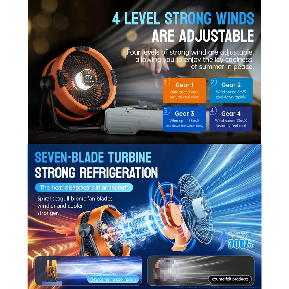 Camping Fan Turbo Airflow LED Light & USB-C Power Bank