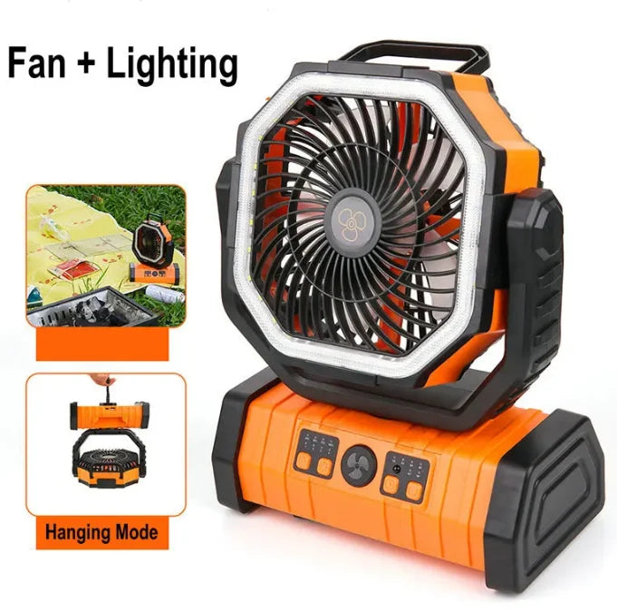 Camping Fan USB Rechargeable 20000mAh LED Light & Hanging Hook