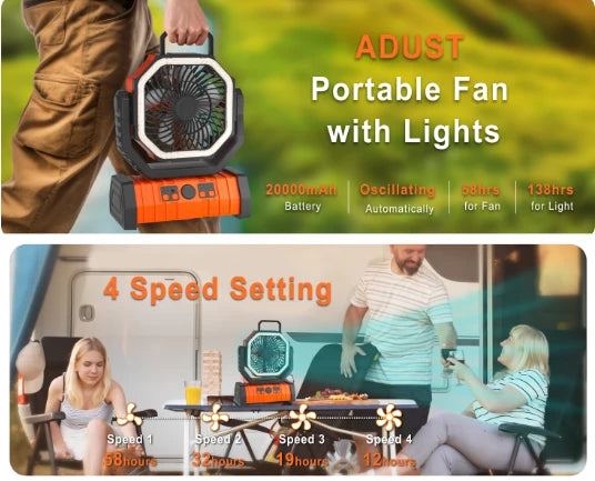 Camping Fan USB Rechargeable 20000mAh LED Light & Hanging Hook