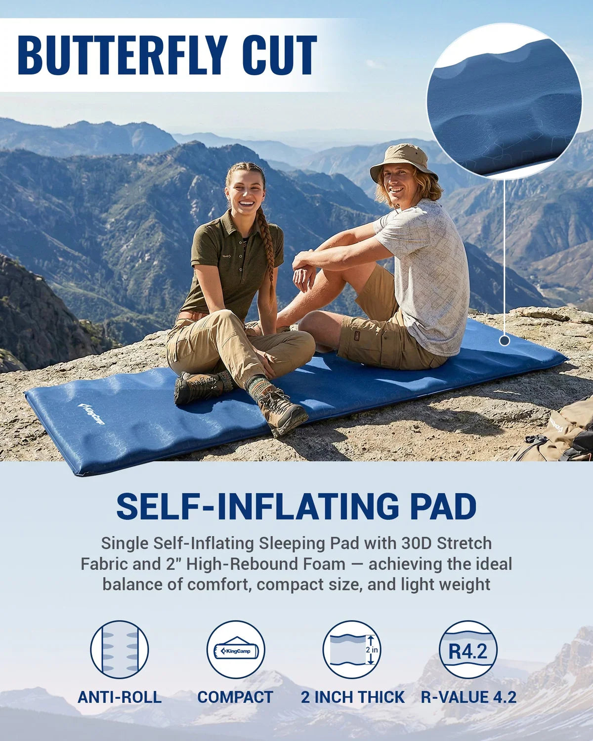 Camping Sleeping Pad Self-Inflating Contoured R-Value 4.2