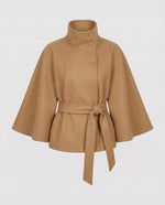 Cape Coat Wool Blend High Collar Adjustable Belt
