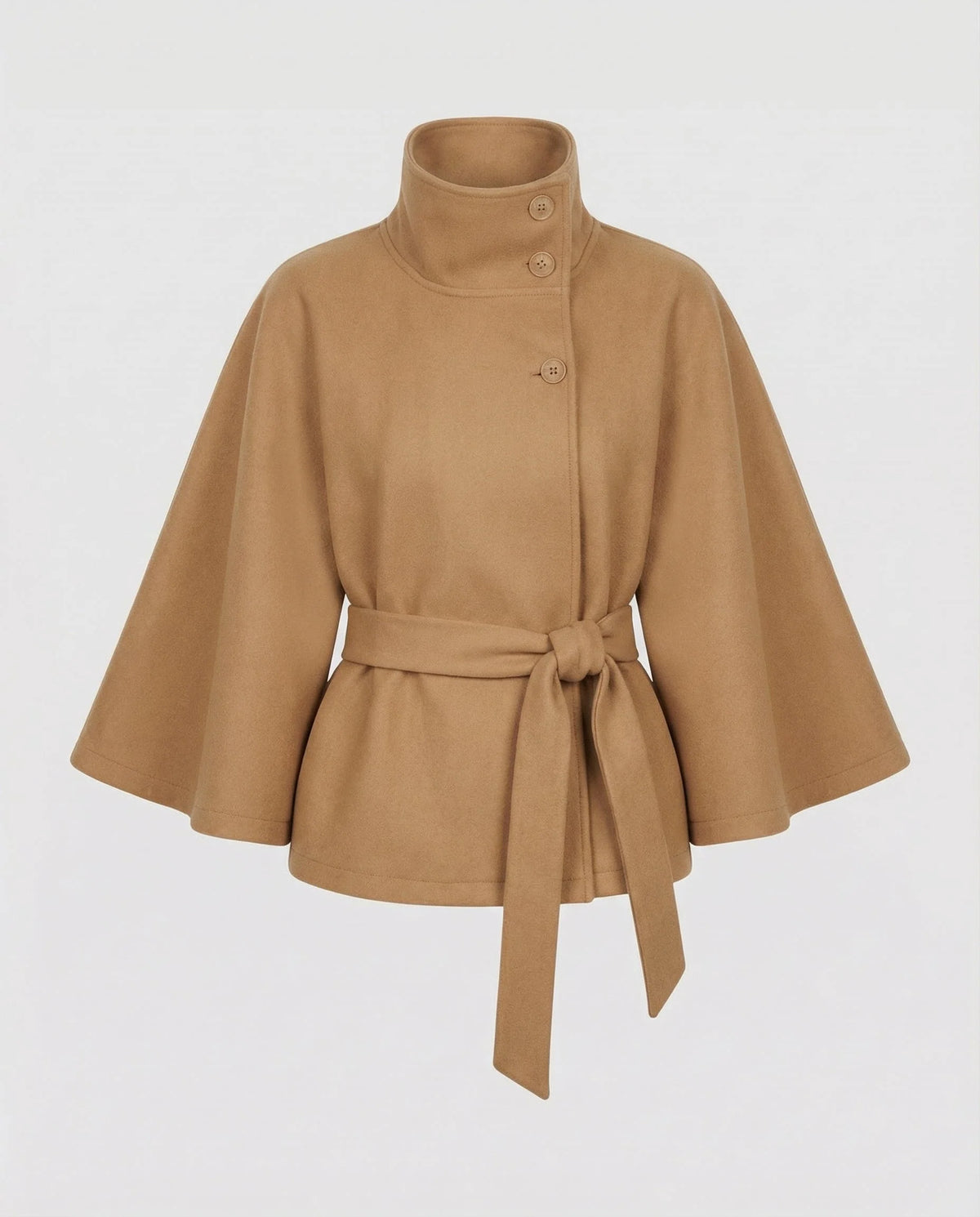 Cape Coat Wool Blend High Collar Adjustable Belt
