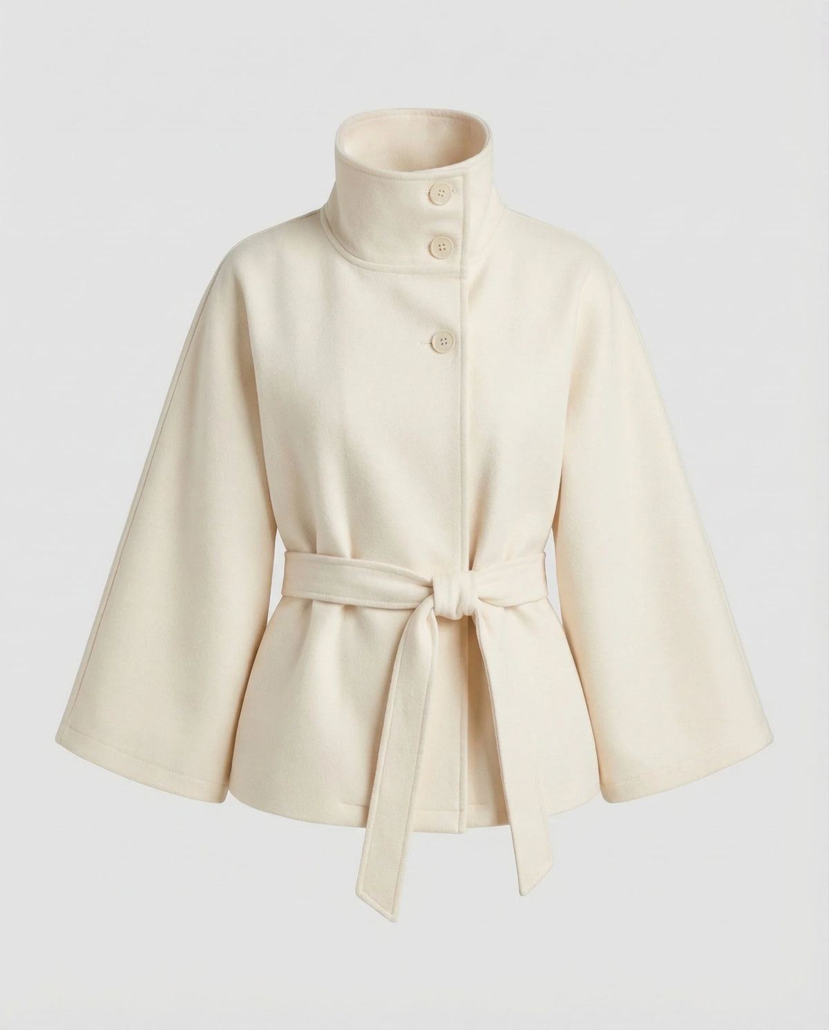 Cape Coat Wool Blend High Collar Adjustable Belt