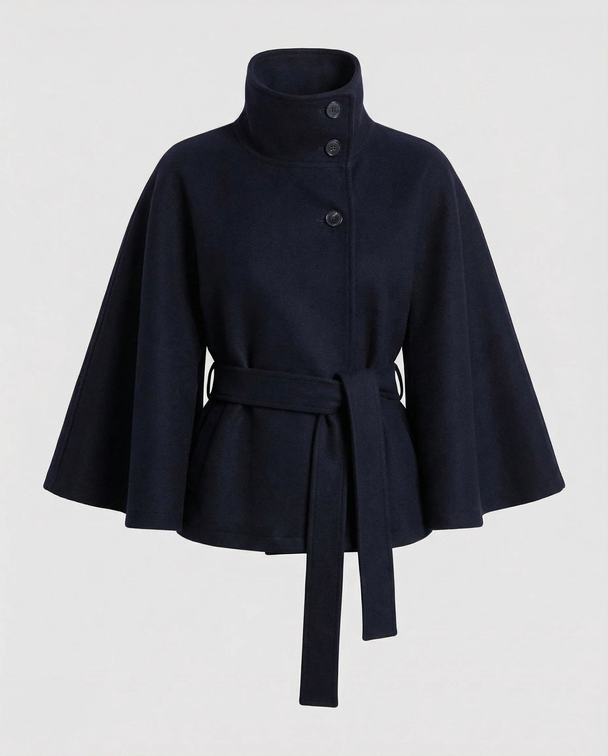 Cape Coat Wool Blend High Collar Adjustable Belt