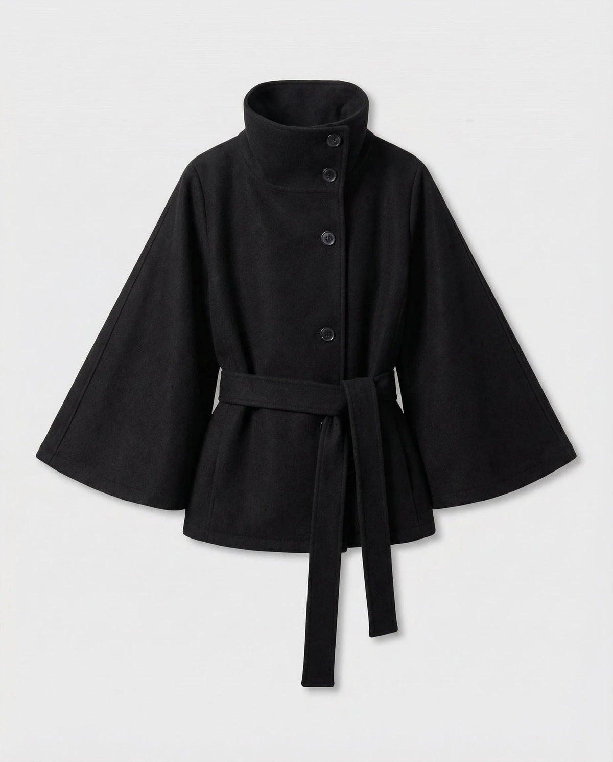 Cape Coat Wool Blend High Collar Adjustable Belt