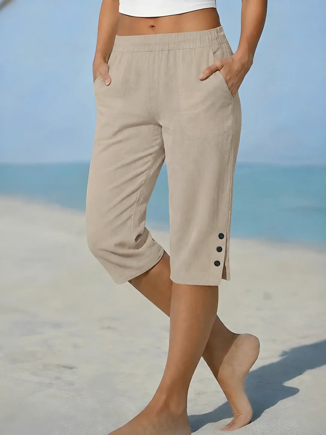 Capri Pants Relaxed Fit Elastic Waistband & Side Pockets