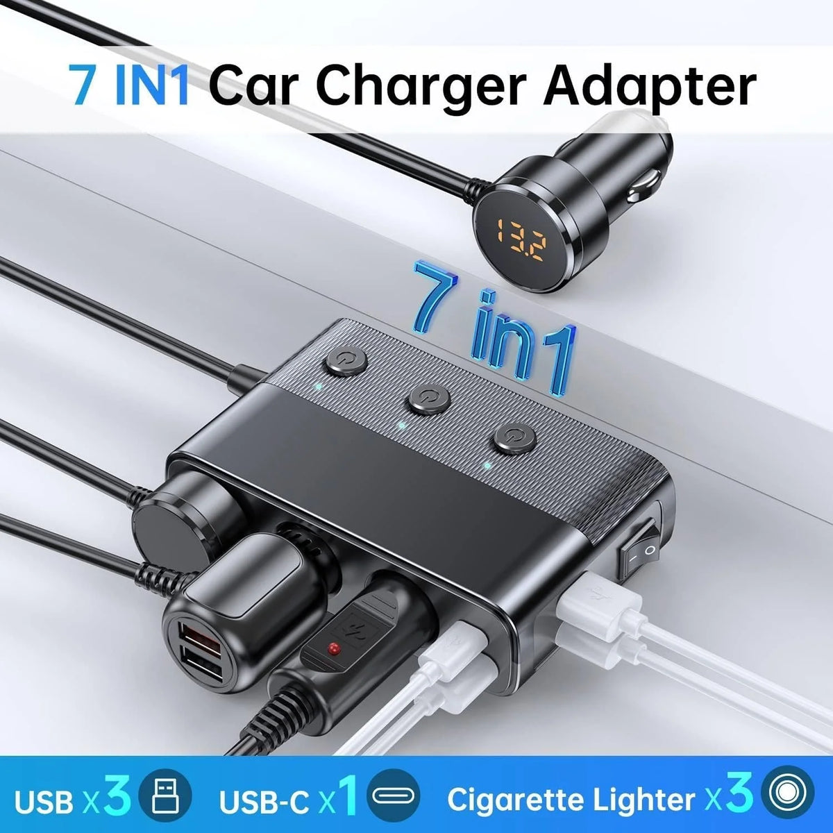 Car Adapter 7-In-1 3x12V Sockets & 4 USB Ports