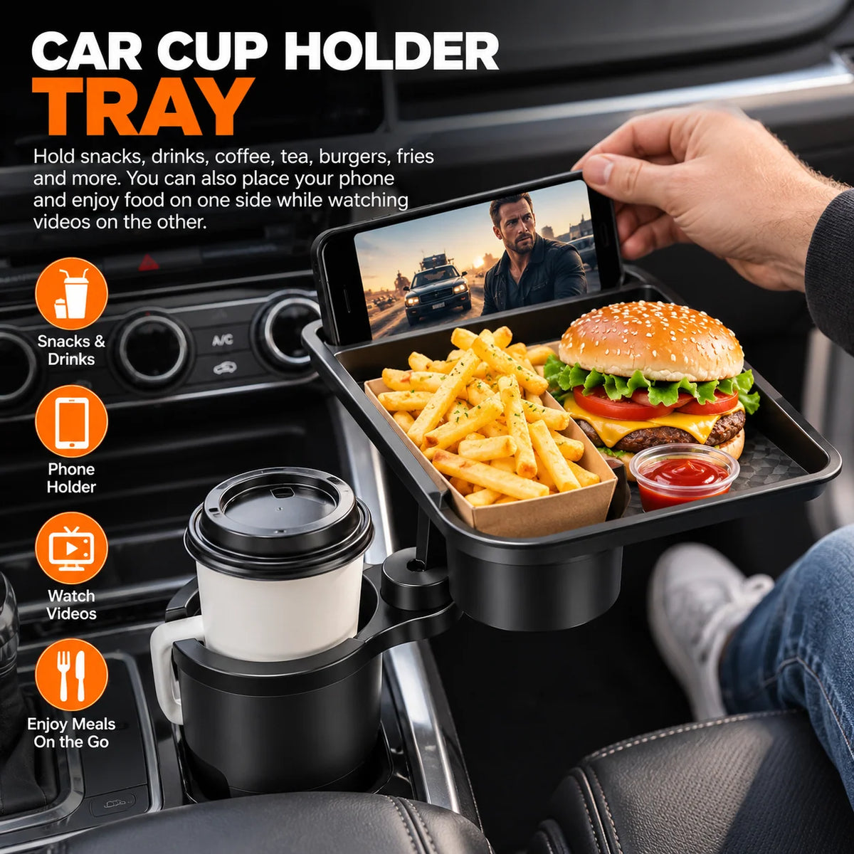 Car Cup Holder Tray 360° Rotating Extra Cup Holder