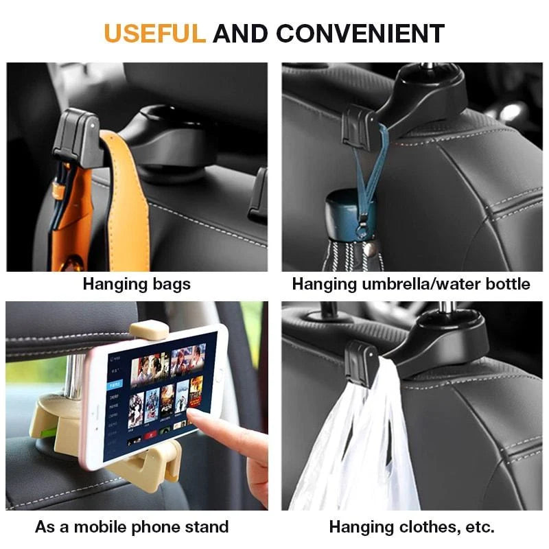 Car Headrest Phone Holder 360° Swivel & Bag Hanger