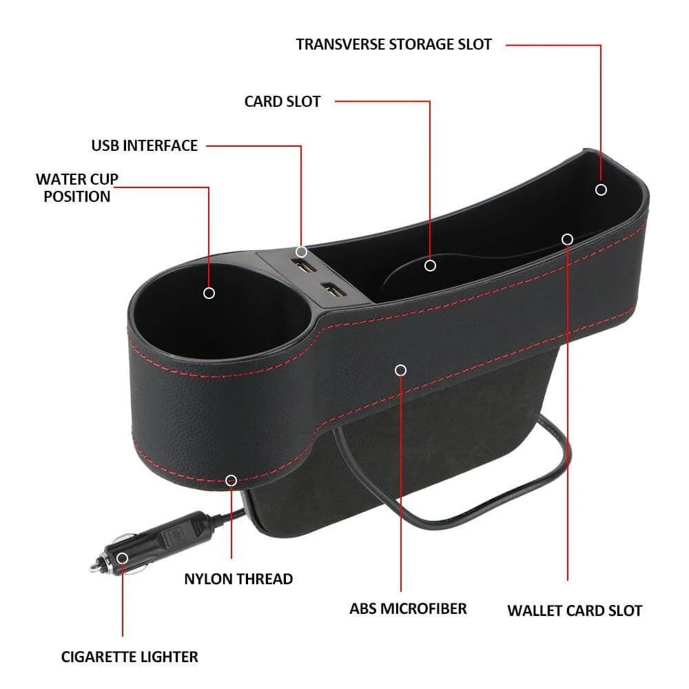 Car Seat Gap Organizer Leather Two USB Charging Ports