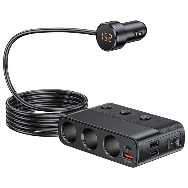 Car Socket Adapter 7-in-1 USB-C PD 30W LED Voltmeter