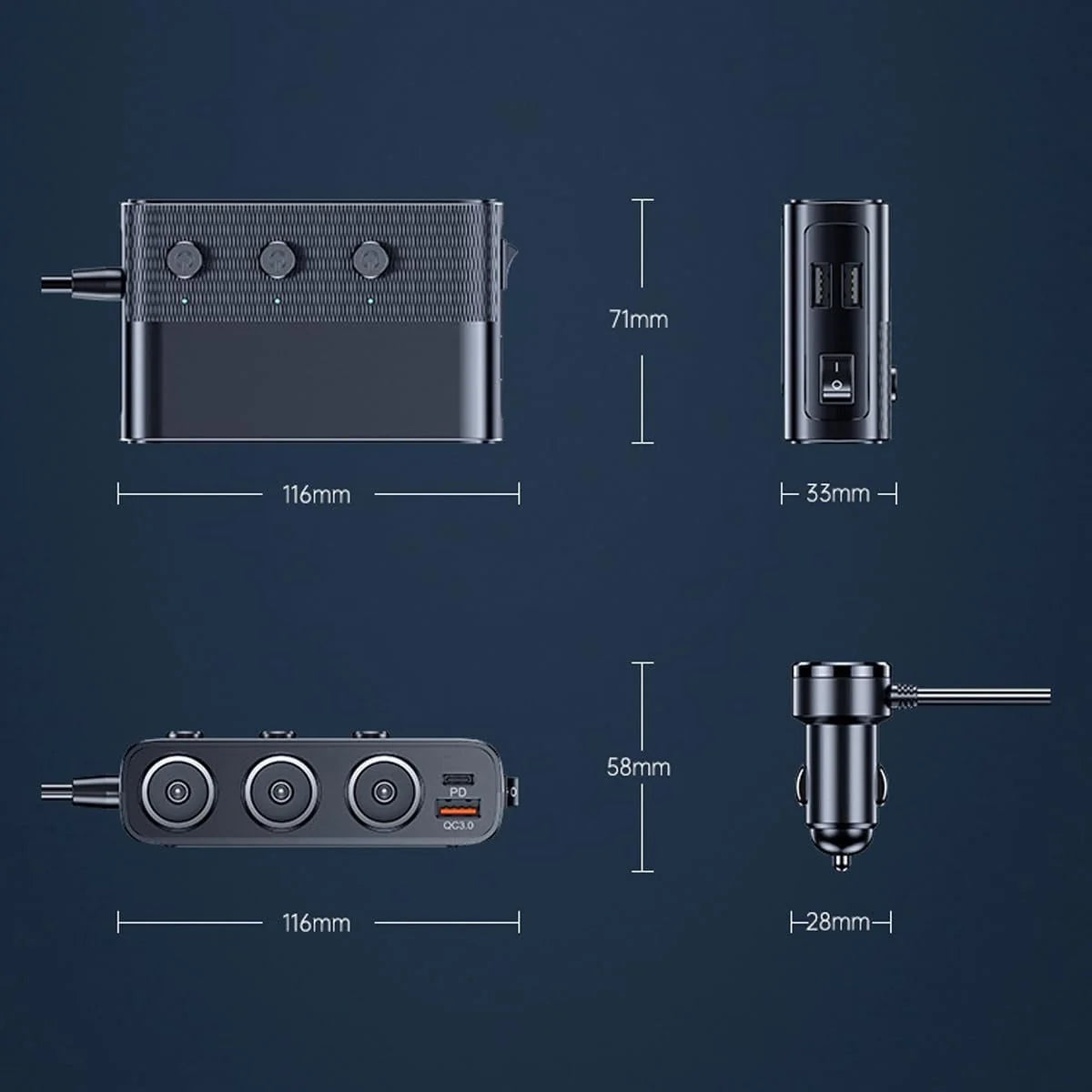 Car Socket Adapter 7-in-1 USB-C PD 30W LED Voltmeter