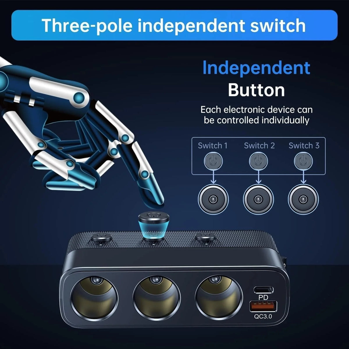 Car Socket Adapter 7-in-1 USB-C PD 30W LED Voltmeter