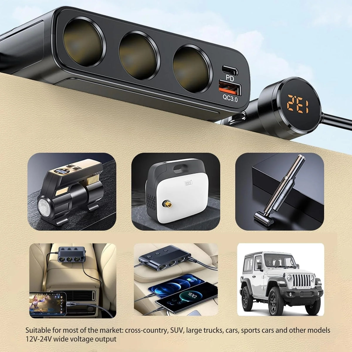 Car Socket Adapter 7-in-1 USB-C PD 30W LED Voltmeter
