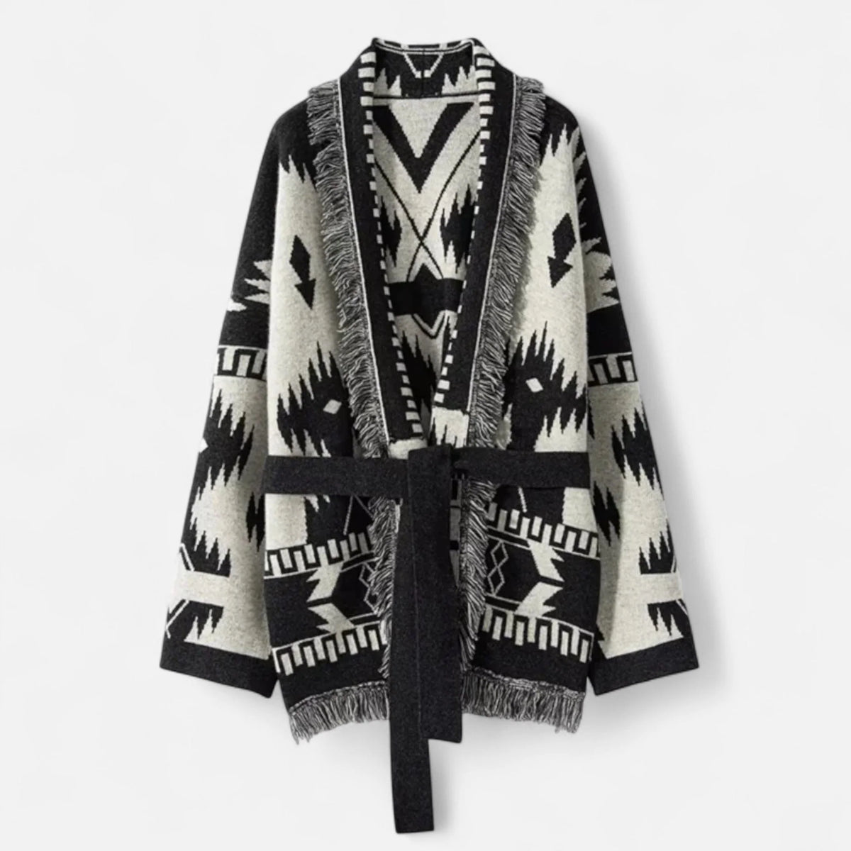 Cardigan 100% Cashmere Jacquard Knit Tassel Hem