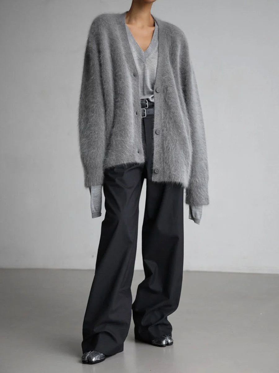 Cardigan Fluffy Mohair-Look Oversized Fit With Pockets