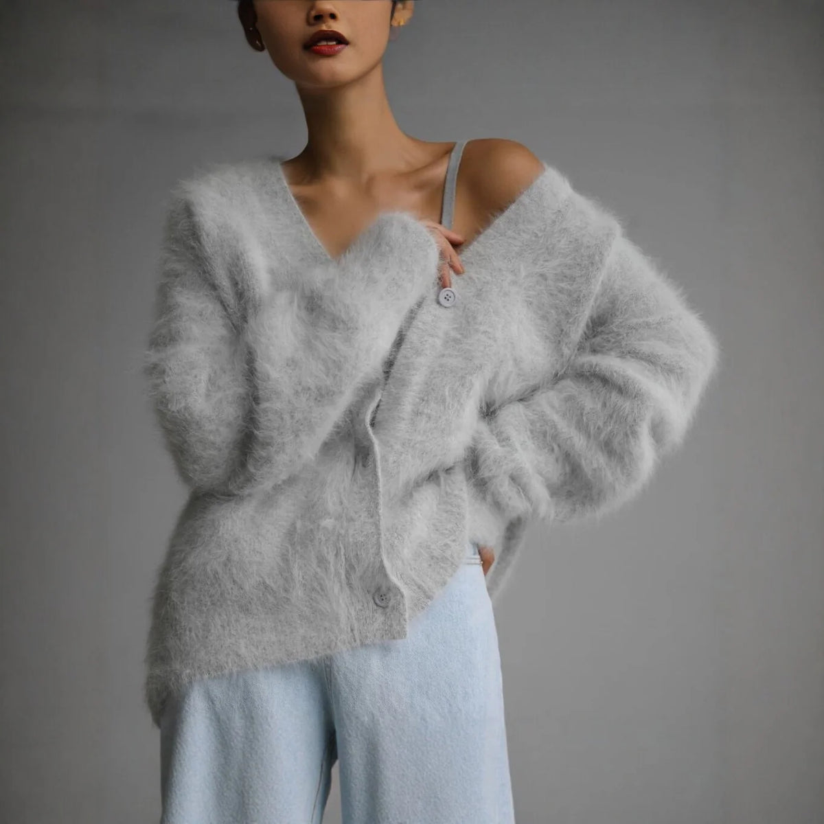 Cardigan Fluffy Mohair-Look Oversized Fit With Pockets