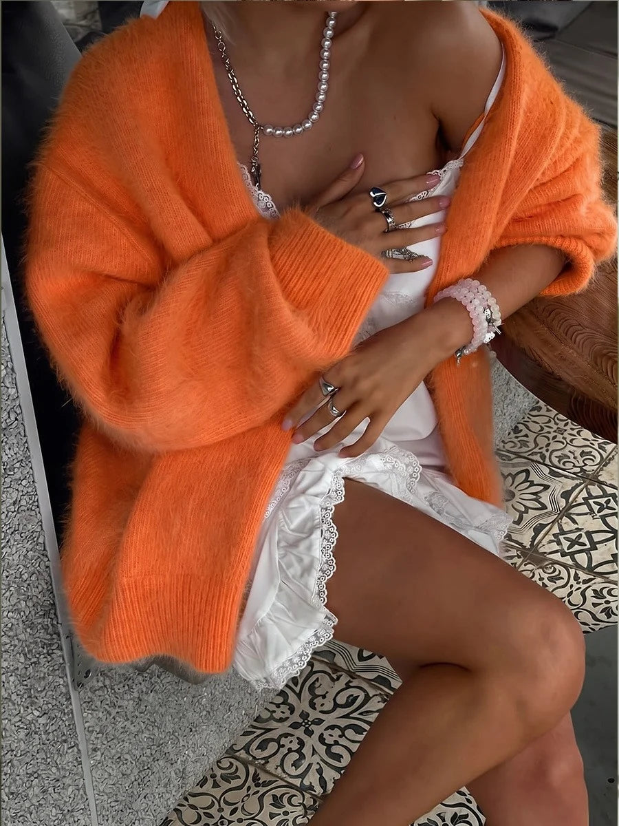 Cardigan Fluffy Mohair-Look Oversized Fit With Pockets