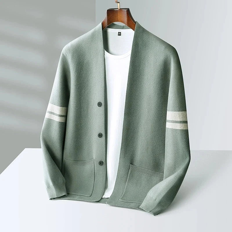 Cardigan Merino Wool Blend Striped Sleeves