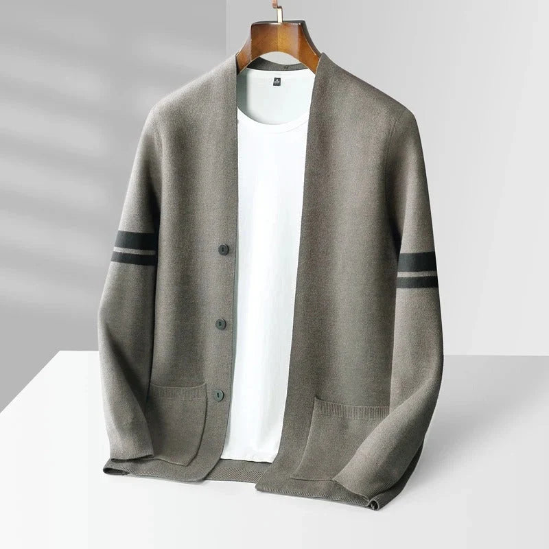 Cardigan Merino Wool Blend Striped Sleeves
