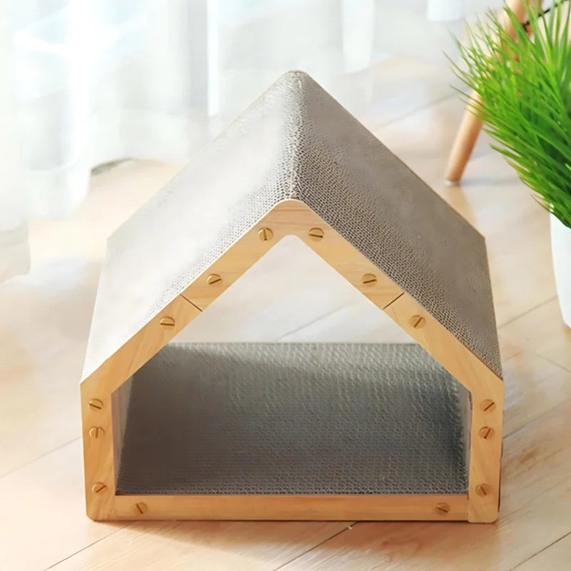 Cat Scratcher House Wood Cozy Bed Protects Furniture