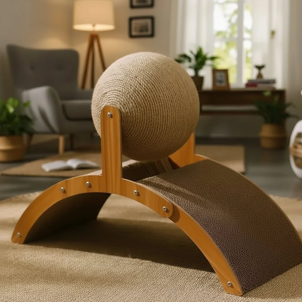 Cat Scratcher Toy Natural Sisal Interactive Ball & Wooden Platform