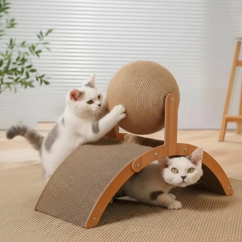 Cat Scratcher Toy Natural Sisal Interactive Ball & Wooden Platform