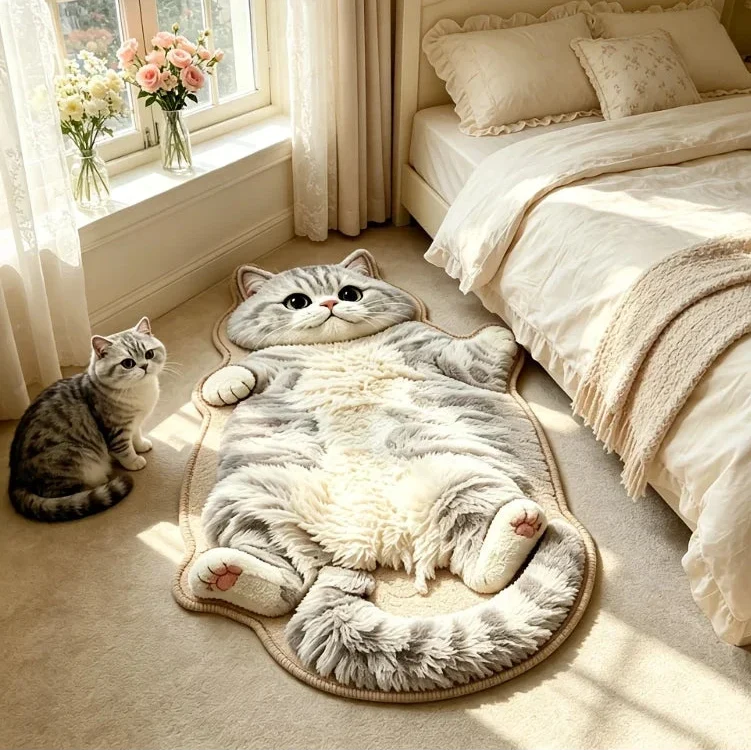 Cat Shaped Rug Soft Polyester Pile Non-Slip Backing