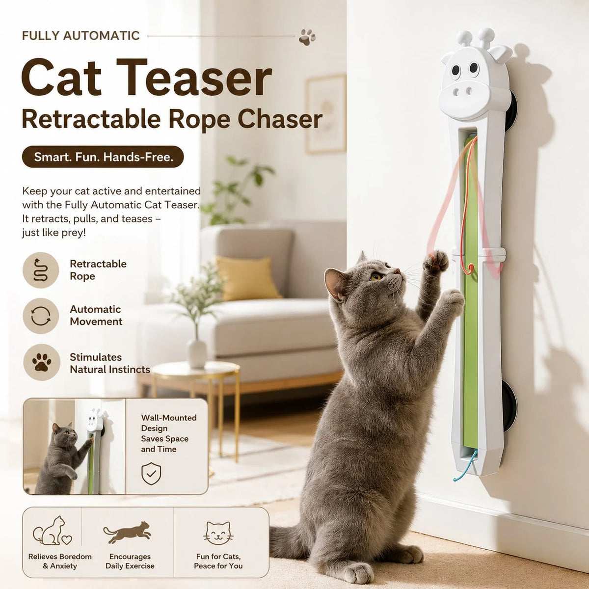 Cat Teaser Toy Automatic Moving Ropes Rechargeable Suction Mount