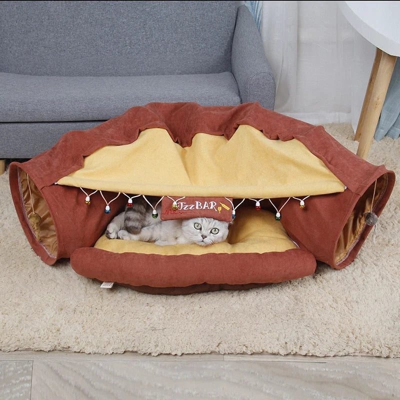 Cat Tunnel Bed Foldable Corduroy With Plush Balls