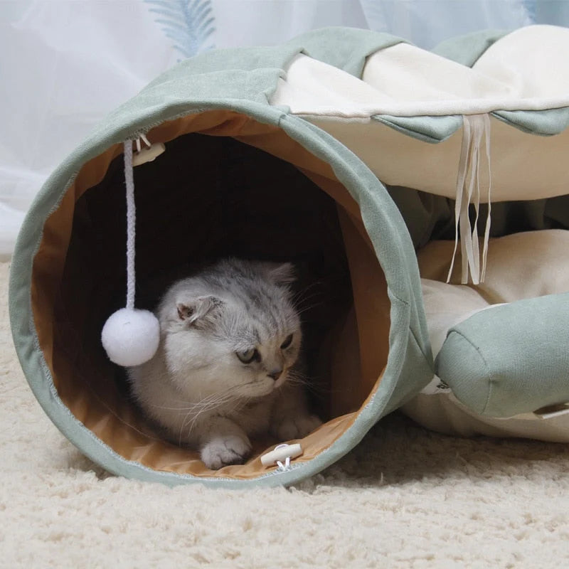 Cat Tunnel Bed Foldable Corduroy With Plush Balls