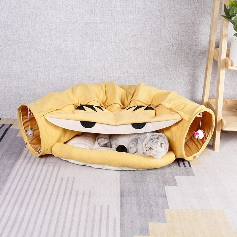 Cat Tunnel Bed Foldable Corduroy With Plush Balls