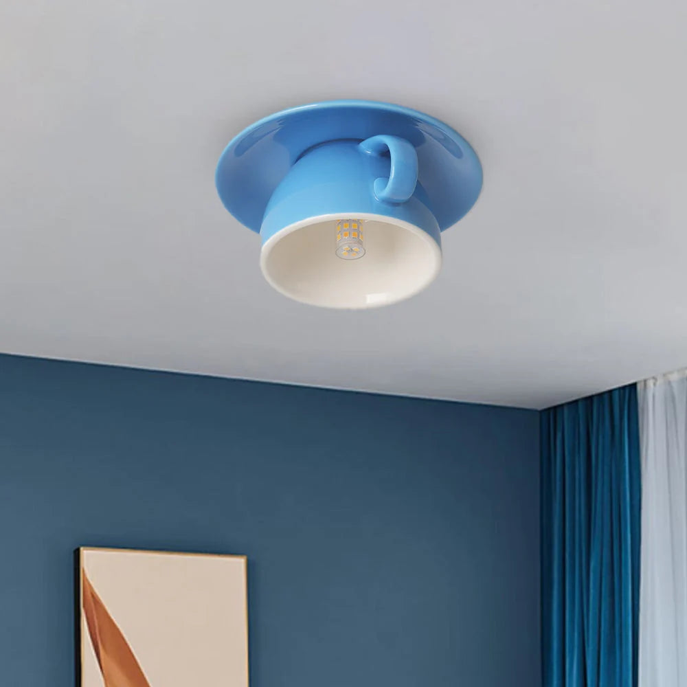 Ceiling Light Ceramic Coffee Mug Design Built-In LED Lighting