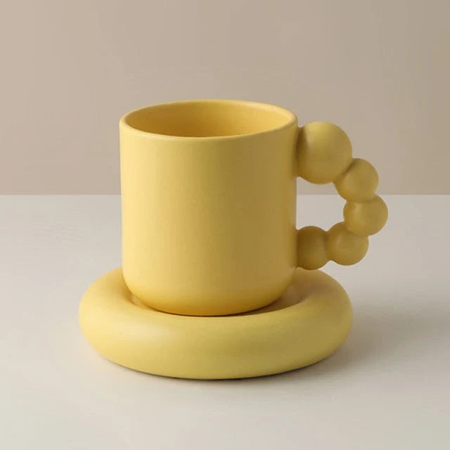 Ceramic Coffee Mug Berry-Shaped Handle With Matching Tray