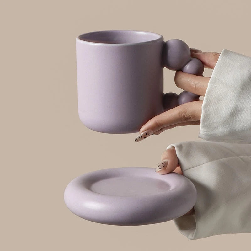 Ceramic Coffee Mug Berry-Shaped Handle With Matching Tray
