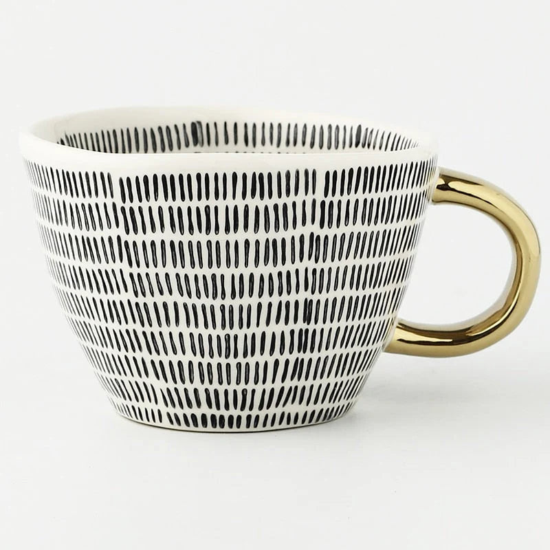Ceramic Coffee Mug Geometric Pattern Gold Handle 330ml
