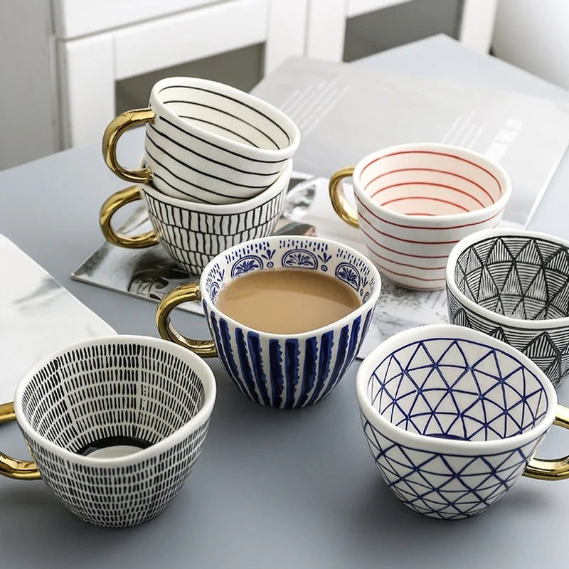 Ceramic Coffee Mug Geometric Pattern Gold Handle 330ml