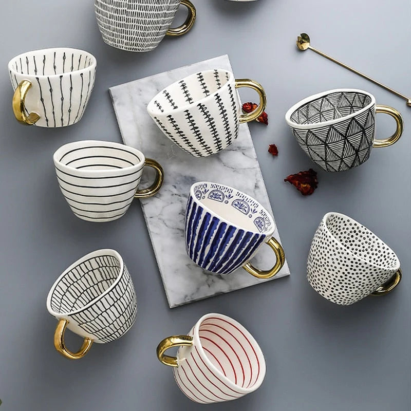 Ceramic Coffee Mug Geometric Pattern Gold Handle 330ml