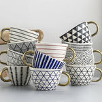 Ceramic Coffee Mug Geometric Pattern Gold Handle 330ml