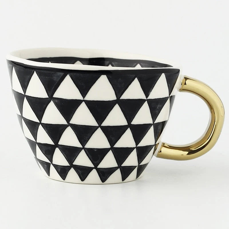 Ceramic Coffee Mug Geometric Pattern Gold Handle 330ml