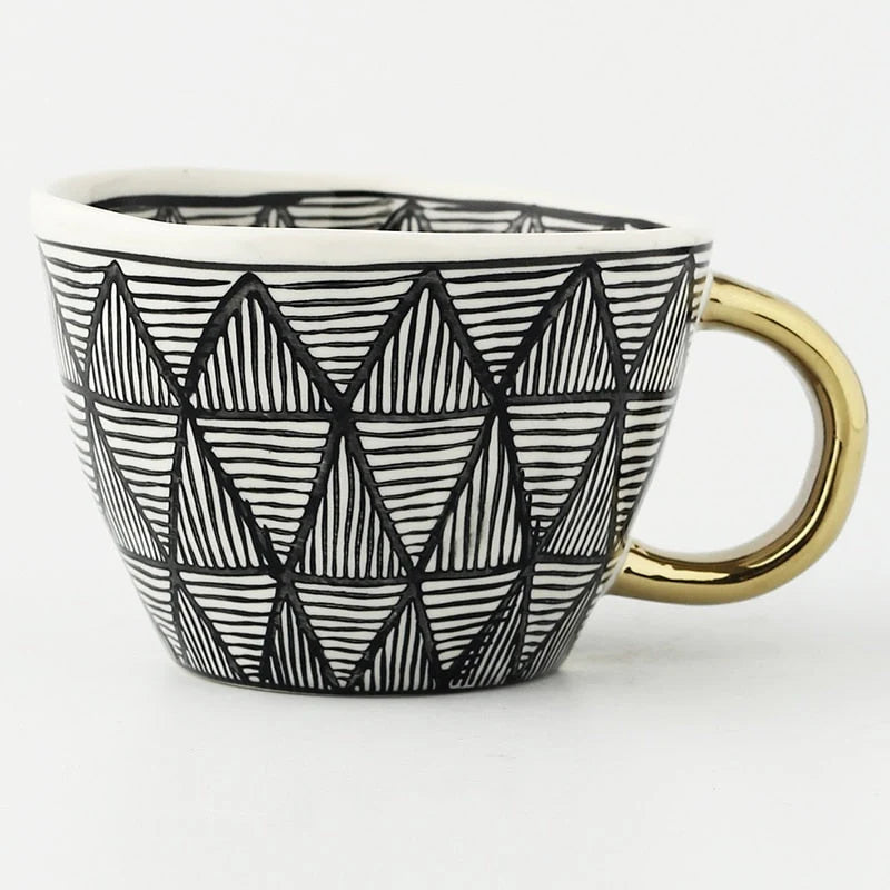 Ceramic Coffee Mug Geometric Pattern Gold Handle 330ml