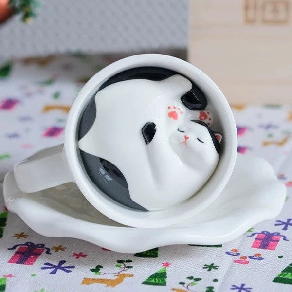 Ceramic Coffee Mug Hidden Sleeping Cat With Wavy Saucer 7.1 Oz