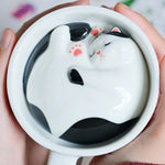 Ceramic Coffee Mug Hidden Sleeping Cat With Wavy Saucer 7.1 Oz